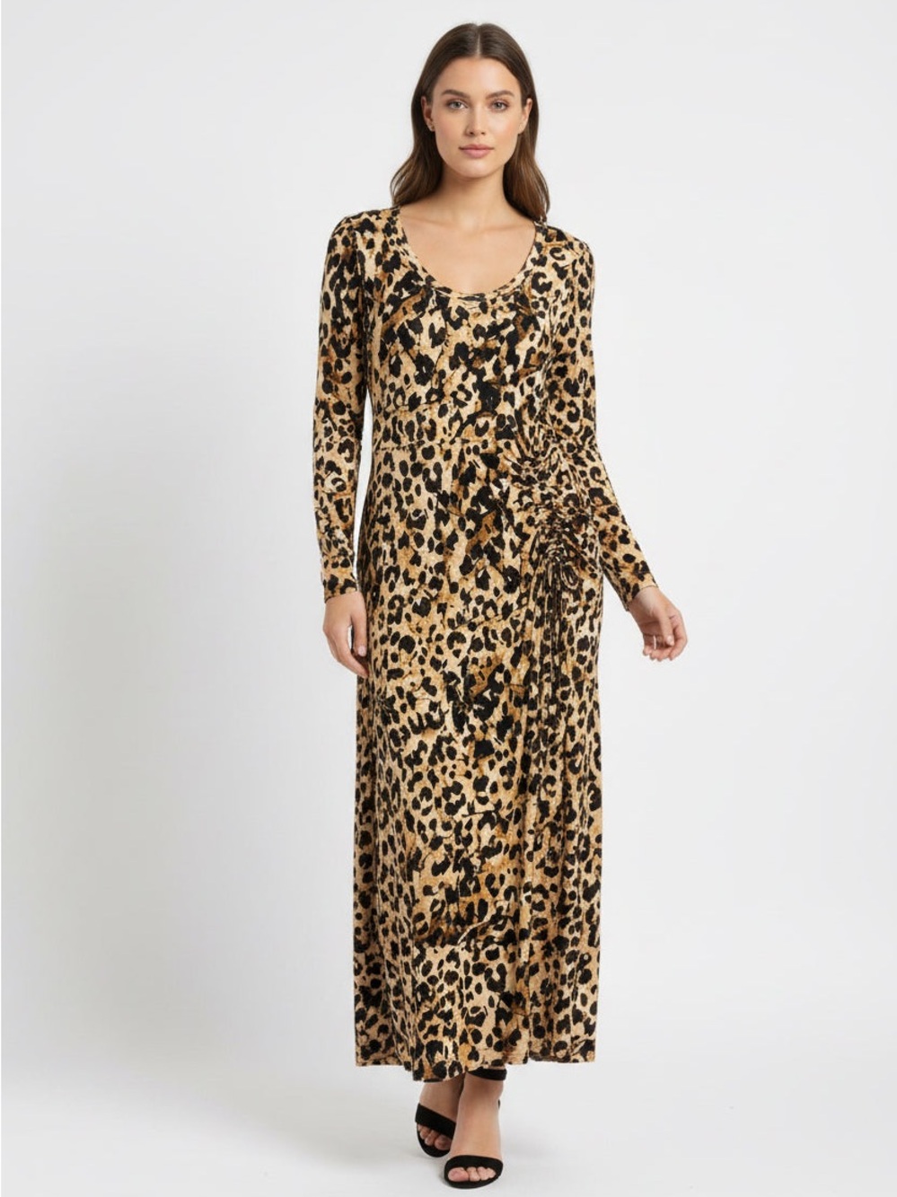CAbi Leopard-Print Long Sleeve Maxi Dress in Camel and Black